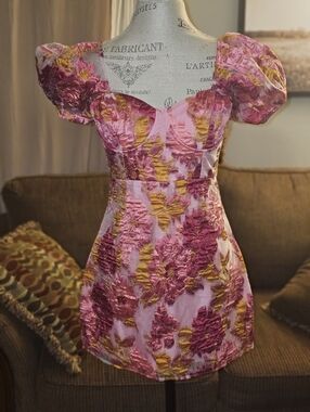 Lulu's Pink and Gold Floral Puff-Sleeve Mini Dress